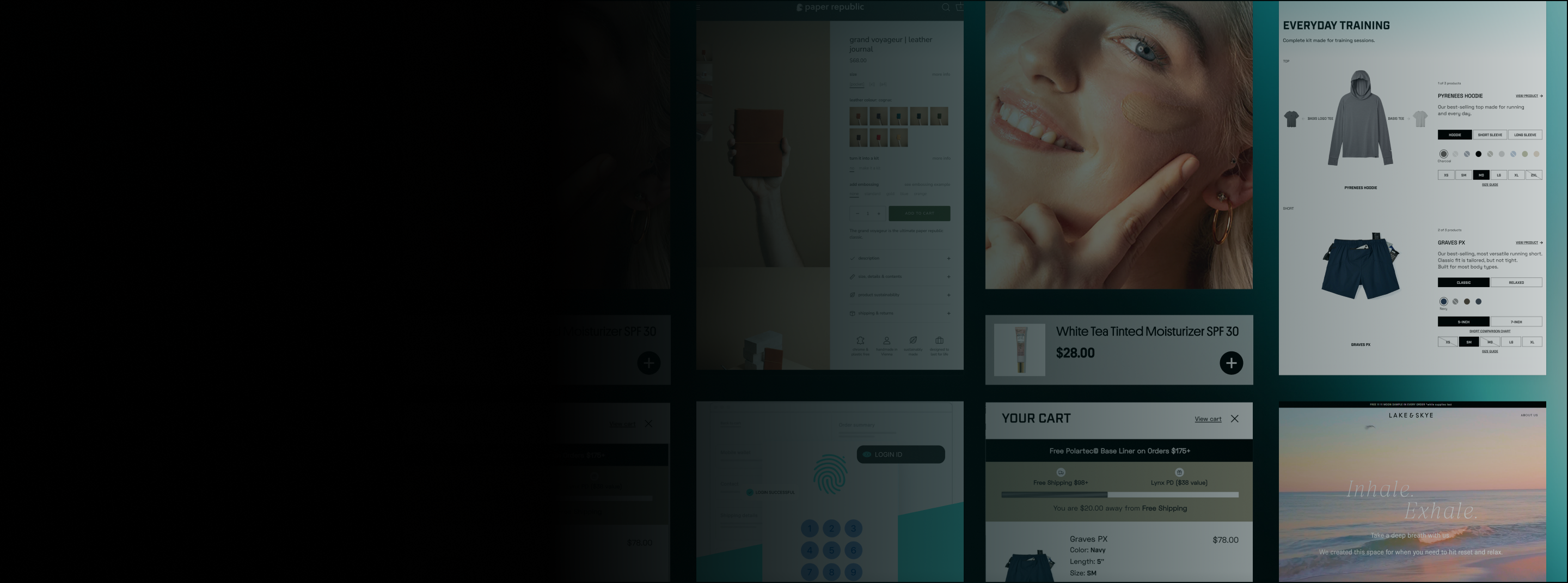 Collage of custom Shopify storefront screens — product pages, cart drawer and checkout — built by GenovaWebArt
