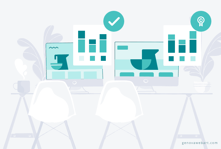 Polaris style illustration to A/B testing on Shopify blog article, two computers with different Shopify store styles