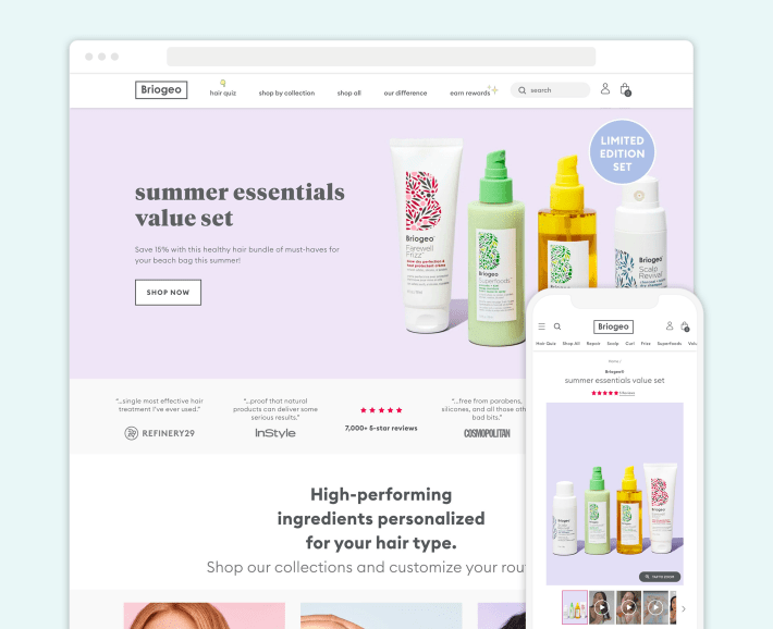 Briogeo Shopify haircare eCommerce store, illustration for 30 Best Beauty Shopify Stores blog article