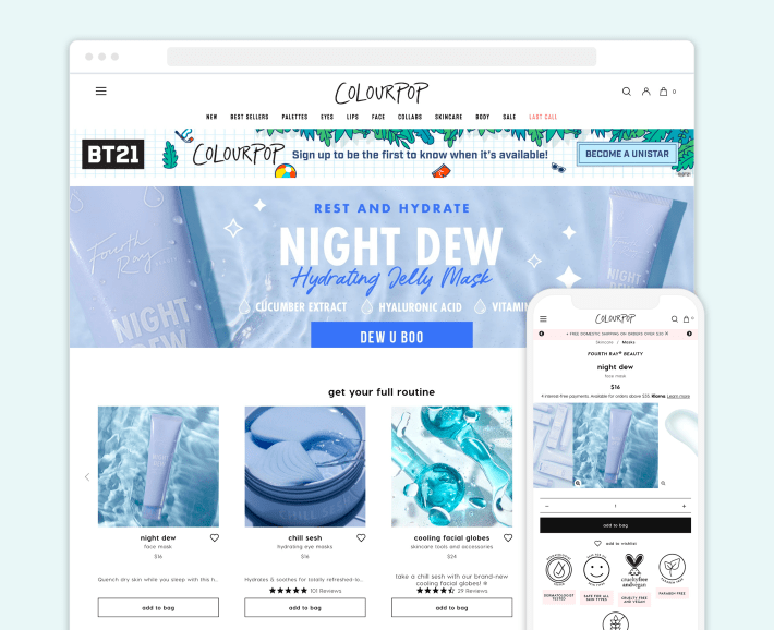 Colourpop Shopify beauty eCommerce store, illustration for 30 Best Beauty Shopify Stores blog article