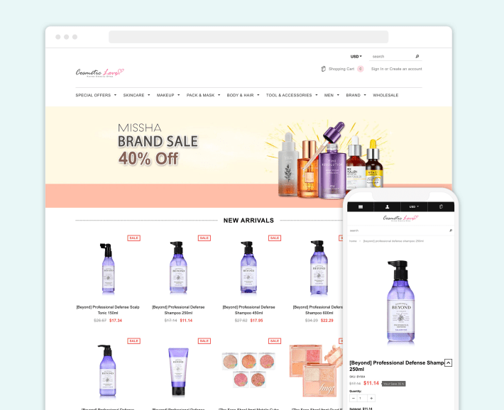 Cosmetic Love Shopify beauty eCommerce store, illustration for 30 Best Beauty Shopify Stores blog article