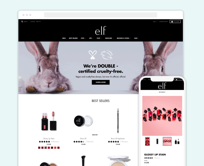 Elf Cosmetics Shopify beauty eCommerce store, illustration for 30 Best Beauty Shopify Stores blog article