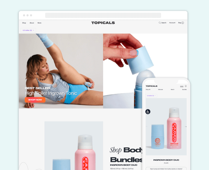 Topicals Shopify beauty eCommerce store, illustration for 30 Best Beauty Shopify Stores blog article