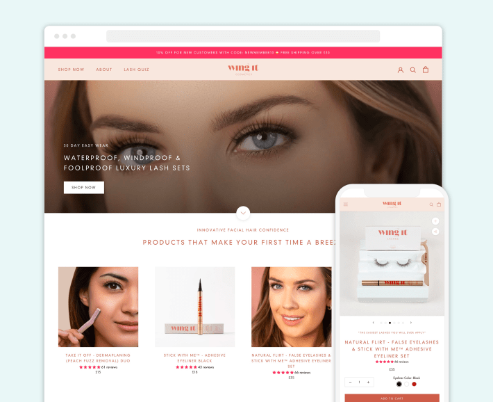 Wing It Cosmetics Shopify lash and beauty eCommerce store, illustration for 30 Best Beauty Shopify Stores blog article