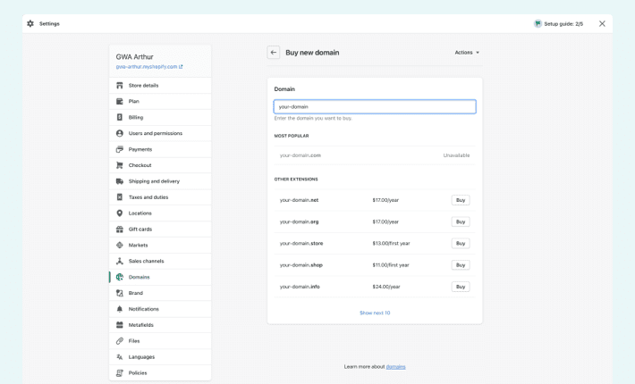 Buying Domain Name in Shopify Admin Panel, illustration to Shopify SEO blog article