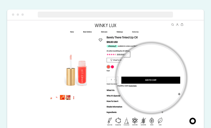 The customers can instantly access the Add to cart button when shopping at Winky Lux, Screenshot for Blog Article - How to Organize Shopify Product Page