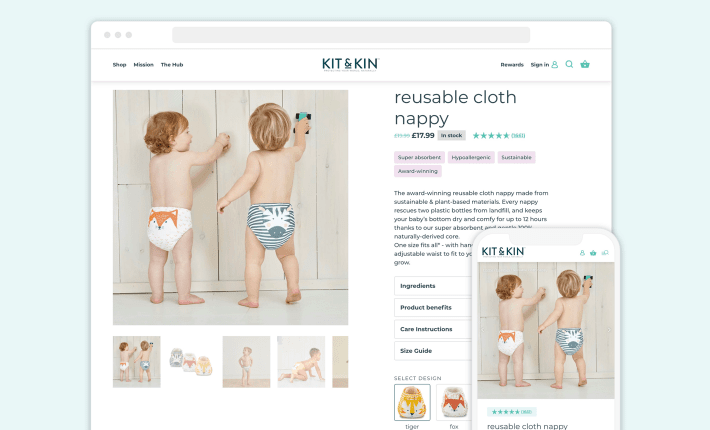 An example of a product page in the Kit & Kin baby care store, Screenshot for Blog Article - How to Organize Shopify Product Page