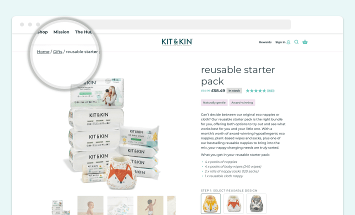 An example of the breadcrumb navigation in the Kit&Kin Shopify store., Screenshot for Blog Article - How to Organize Shopify Product Page