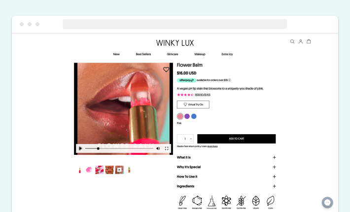 An example of a video presenting a product on a Winky Lux product page, Screenshot for Blog Article - How to Organize Shopify Product Page