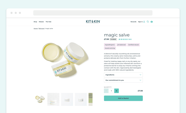 An example of a high-quality image on the product page presented by the Kit&Kin Shopify skincare store, Screenshot for Blog Article - How to Organize Shopify Product Page