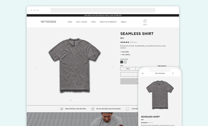 An example of a product page in the Ten Thousand sportswear store, Screenshot for Blog Article - How to Organize Shopify Product Page