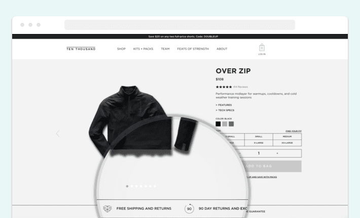 A product page provides information about shipping, returns, and exchanges, Screenshot for Blog Article - How to Organize Shopify Product Page