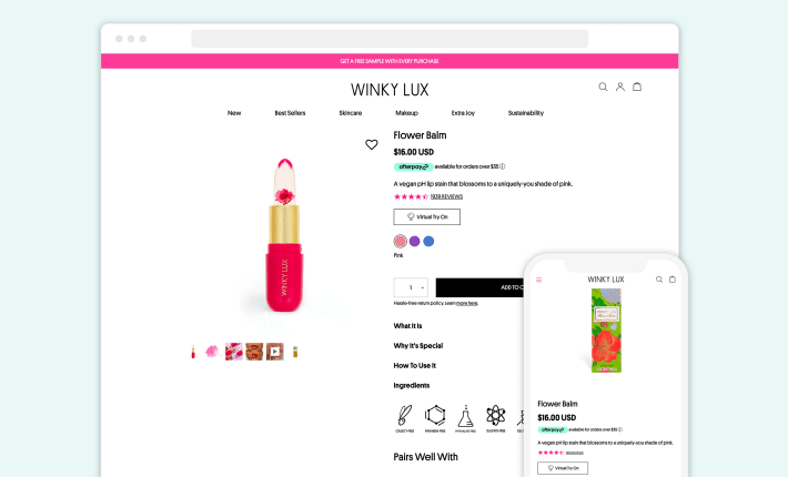 An example of a product page in the Winky Lux cosmetics store developed by GenovaWebArt, Screenshot for Blog Article - How to Organize Shopify Product Page