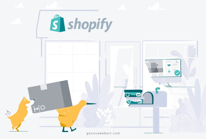 Polaris style illustration to Shopify subscriptions blog article, corgi and kiwi ship products