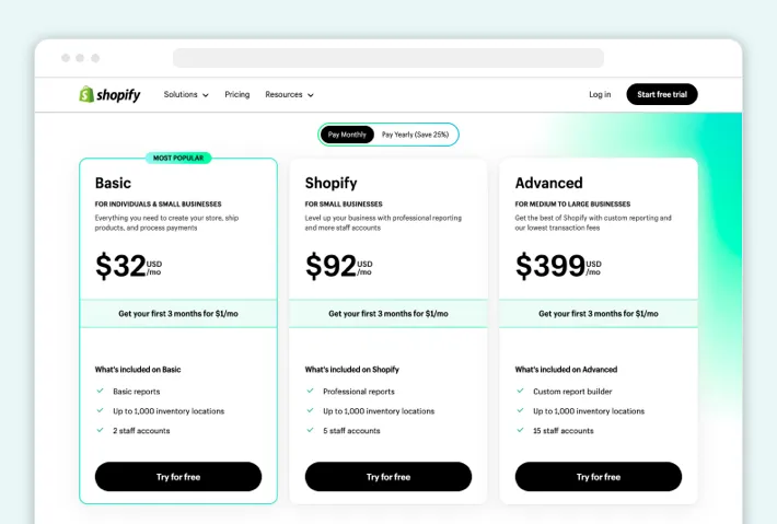 Shopify pricing if billed monthly, Screenshot for Blog Article - 10 reasons to migrate to Shopify Shopify pricing if billed monthly, Screenshot for Blog Article - 10 reasons to migrate to Shopify