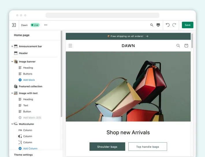 Shopifys theme editor, Screenshot for Blog Article - 10 reasons to migrate to Shopify Shopifys theme editor, Screenshot for Blog Article - 10 reasons to migrate to Shopify