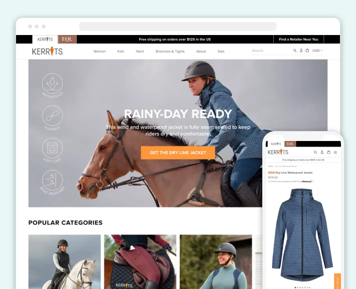 A homepage example from Kerrits, one of the best online fashion store examples on Shopify, Screenshot for Blog Article - Best Shopify Clothing Stores