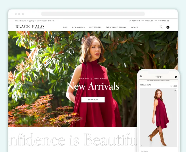 An example of homepage for Shopify female clothing store from Black Halo, Screenshot for Blog Article - Best Shopify Clothing Stores