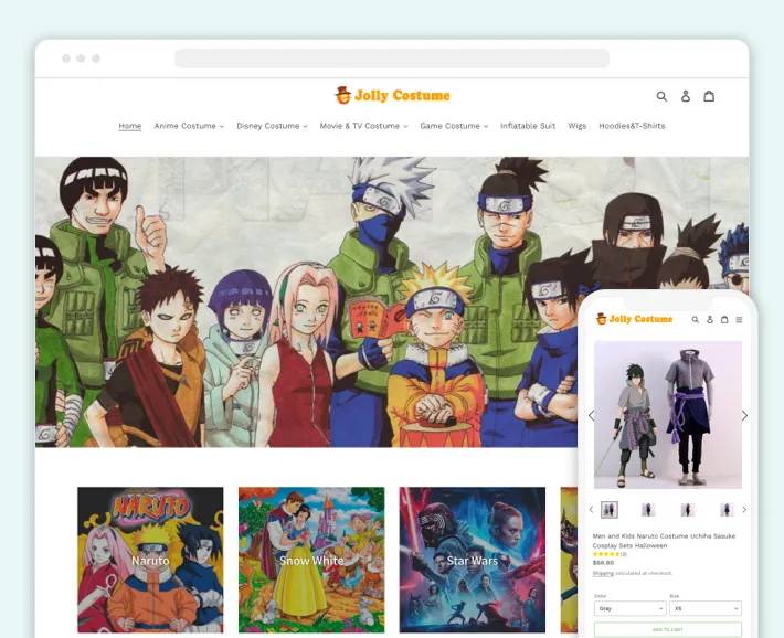 Homepage and navigation menu on the website of Jolly Costume online clothing store on Shopify, Screenshot for Blog Article - Best Shopify Clothing Stores