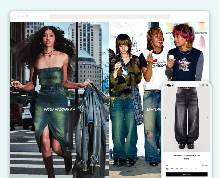 Male and female product categories listed on the homepage of the Jaded London online store, Screenshot for Blog Article - Best Shopify Clothing Stores