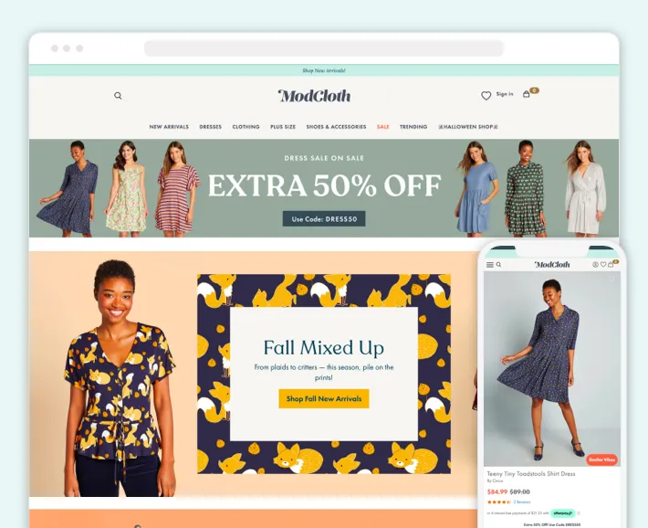 ModCloth online clothing store on Shopify, homepage and navigation menu, Screenshot for Blog Article - Best Shopify Clothing Stores