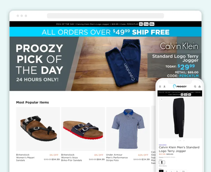 Proozy, an online fashion department store example that uses Shopify platform, Screenshot for Blog Article - Best Shopify Clothing Stores