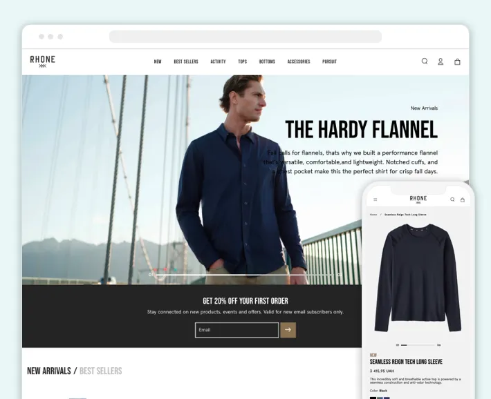 Rhone website homepage view in October 2022, Screenshot for Blog Article - Best Shopify Clothing Stores
