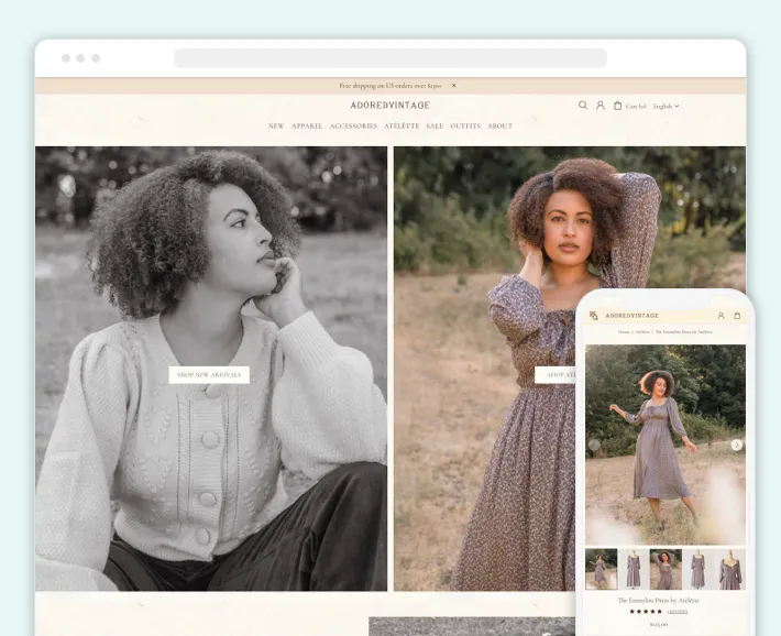 Several product categories previewed on the Adored Vintage website homepage, Screenshot for Blog Article - Best Shopify Clothing Stores