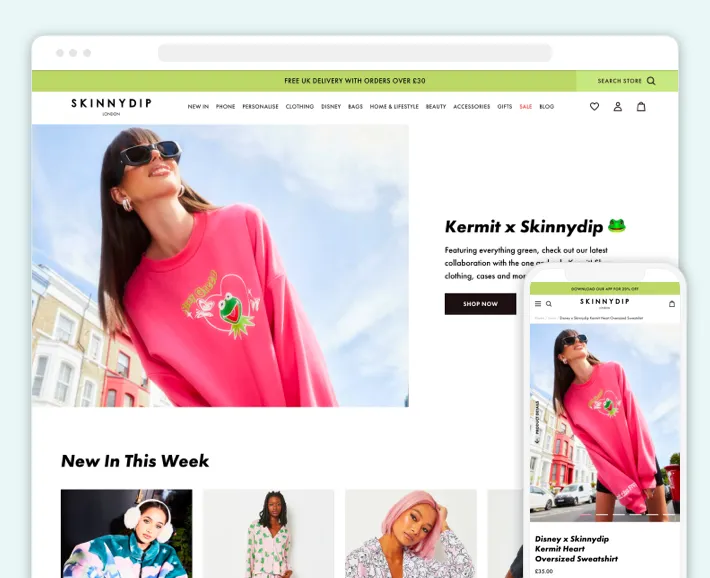 Skinnydip online fashion store on Shopify, homepage view, Screenshot for Blog Article - Best Shopify Clothing Stores