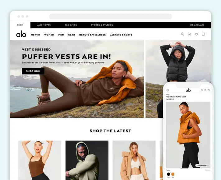 Sportswear products ecosystem example from Alo Yoga, one of the best Shopify fashion online stores, Screenshot for Blog Article - Best Shopify Clothing Stores