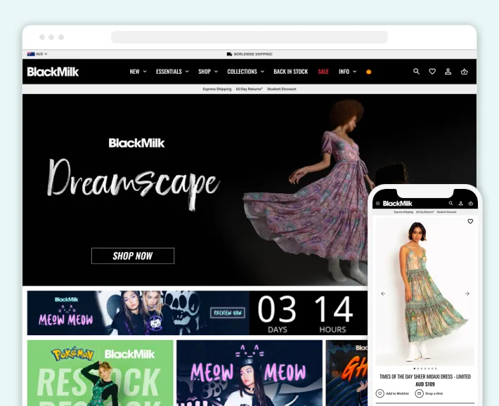 The homepage of the BlackMilk Clothing website, one of the best fashion stores on Shopify - GenovaWebArt blog article, screenshot