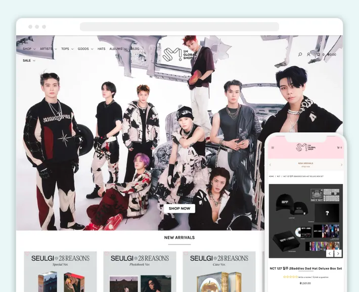 Website homepage of SM Global Shop, one of the best Shopify fashion stores for K-Pop fans, Screenshot for Blog Article - Best Shopify Clothing Stores