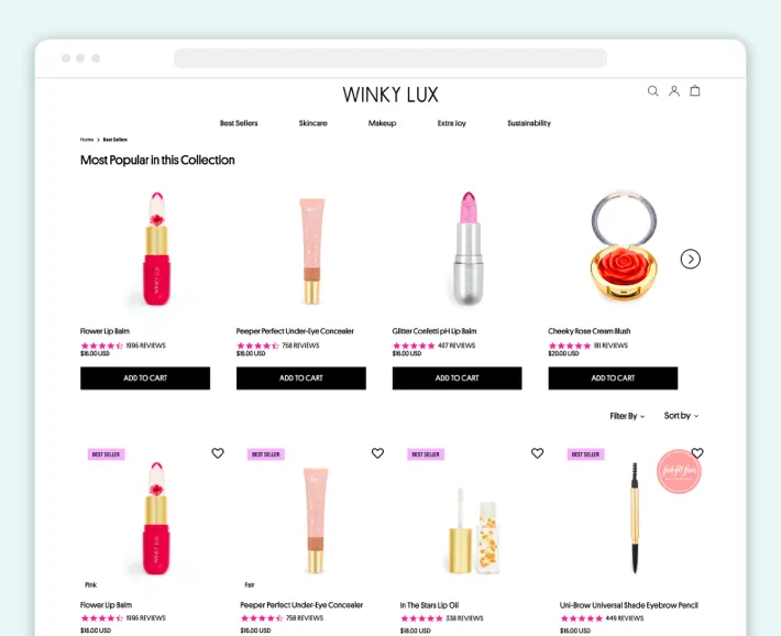 Winky Lux catalog page, Screenshot for Blog Article - eCommerce Website Development Cost}