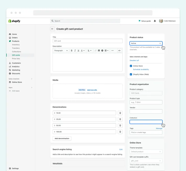 Active product status, Screenshot for Blog Article - How to Add Gift Cards to Shopify
