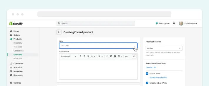 Create gift card product window, Screenshot for Blog Article - How to Add Gift Cards to Shopify