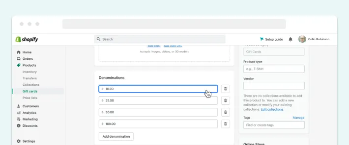 Denominations of Shopify gift cards, Screenshot for Blog Article - How to Add Gift Cards to Shopify