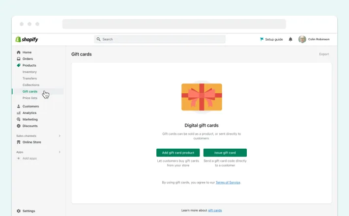Gift cards setting, Screenshot for Blog Article - How to Add Gift Cards to Shopify