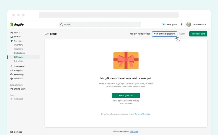 View gift card products button, Screenshot for Blog Article - How to Add Gift Cards to Shopify