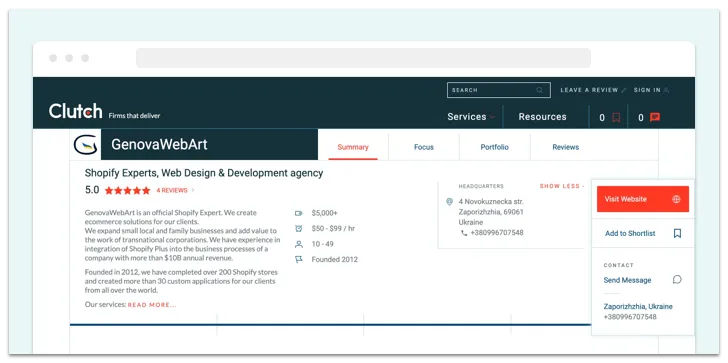 GenovaWebArt's profile on Clutch, Screenshot for Blog Article - How to Find and Hire Shopify Developers GenovaWebArt's profile on Clutch, Screenshot for Blog Article - How to Find and Hire Shopify Developers