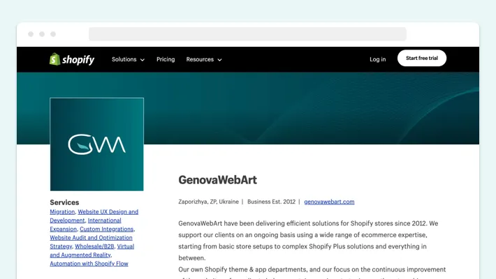 GenovaWebArt's profile on Shopify, Screenshot for Blog Article - How to Find and Hire Shopify Developers GenovaWebArt's profile on Shopify, Screenshot for Blog Article - How to Find and Hire Shopify Developers