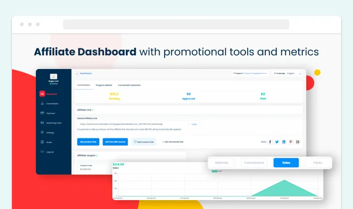 Affiliate dashboard provided by the UpPromote Shopify app, Screenshot for Blog Article - Shopify Apps Explained
