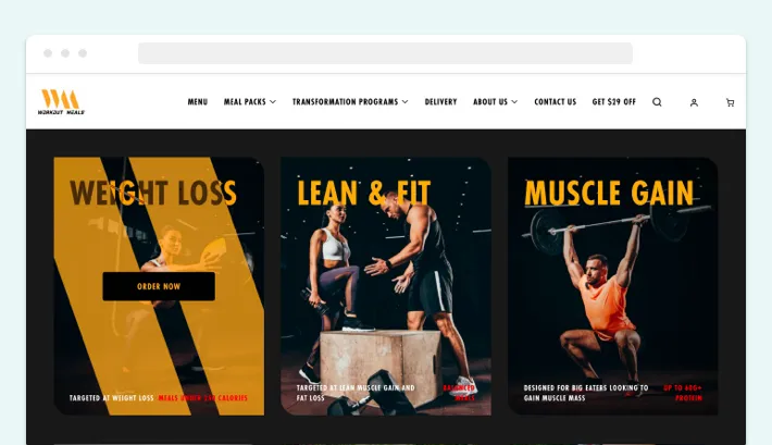 Meal packs based on the customers’ needs offered by the Workout Meals online restaurant, Screenshot for Blog Article - Shopify Product Bundles