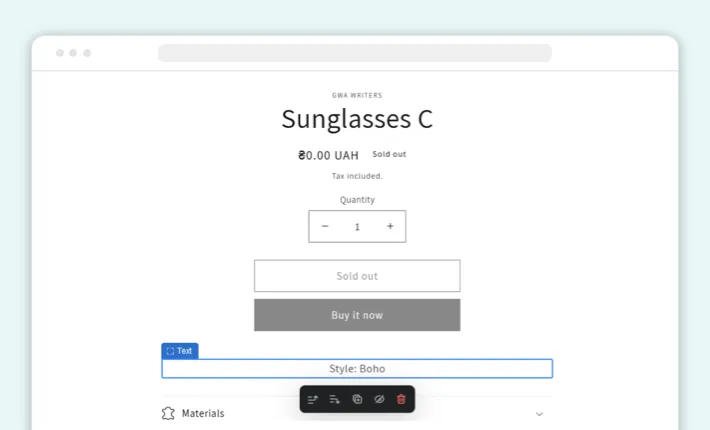 A text block on a product page that uses a Shopify metafield as a dynamic data source, Screenshot for Blog Article - Shopify product metafields