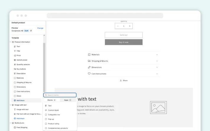 Adding a text block for Shopify metafields in the theme editor, Screenshot for Blog Article - Shopify product metafields