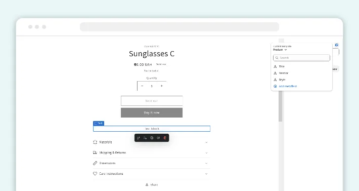 Connecting a dynamic source in a text block to display Shopify metafields, Screenshot for Blog Article - Shopify product metafields