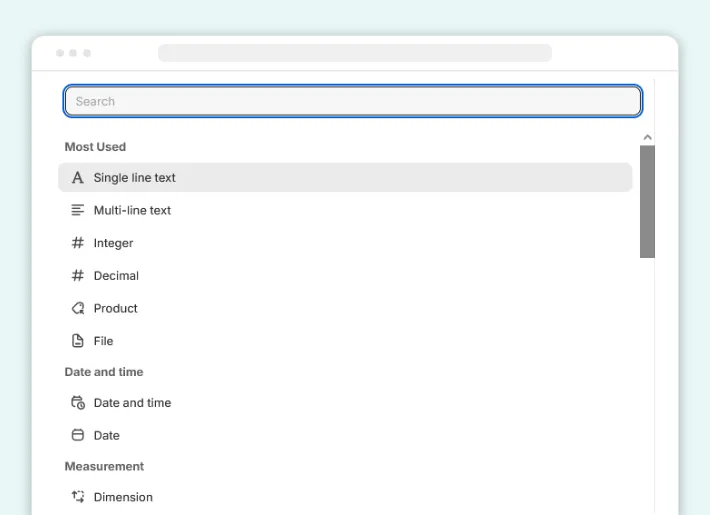 The list of some available content types for Shopify metafields, Screenshot for Blog Article - Shopify product metafields The list of some available content types for Shopify metafields, Screenshot for Blog Article - Shopify product metafields