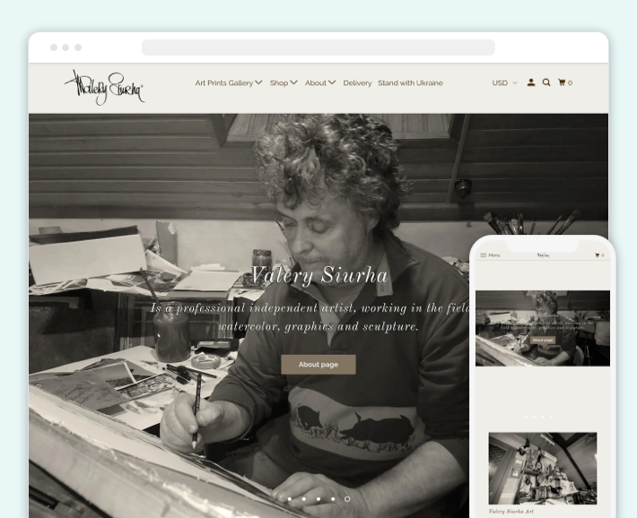 The Valery Siurha Art store developed by GenovaWebArt on Shopify, Screenshot for Blog Article - Shopify vs Etsy