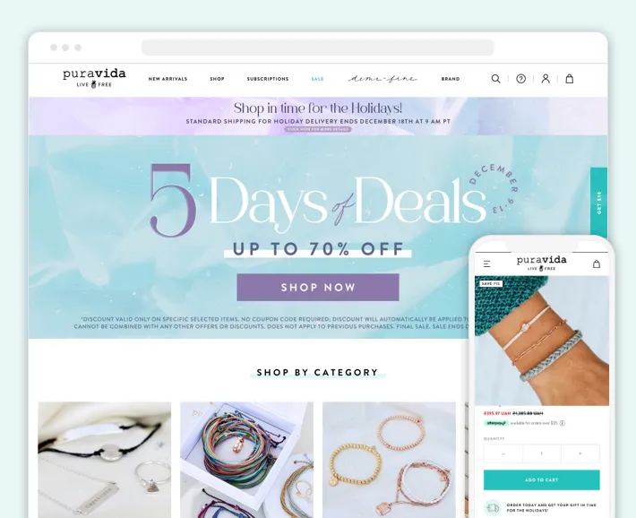 Pura Vida online store, Screenshot for Blog Article - Top Accessories Stores on Shopify
