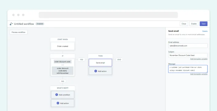 Choosing 'Send Email' as a desired action in Shopify Flow, Screenshot for Blog Article - Shopify Plus Flow