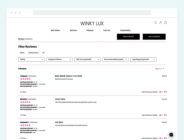 Winky Lux reviews section, Screenshot for Blog Article - Yotpo App and Shopify